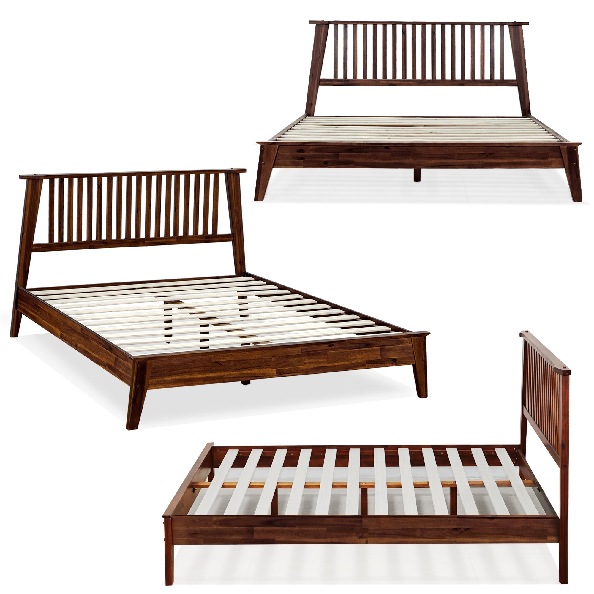Wooden bed frame shown from multiple angles, featuring a slatted base and a minimalist headboard design, suitable for modern bedroom interiors.