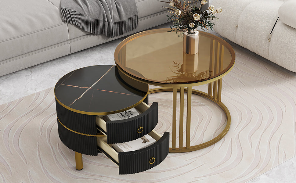 ON-TREND Φ27.5'' & Φ19.6'' Stackable Coffee Table with 2 Drawers, Nesting Tables with Brown Tempered Glass and High Gloss Marble Tabletop, Set of 2, Round Center Table for Living Room, Black