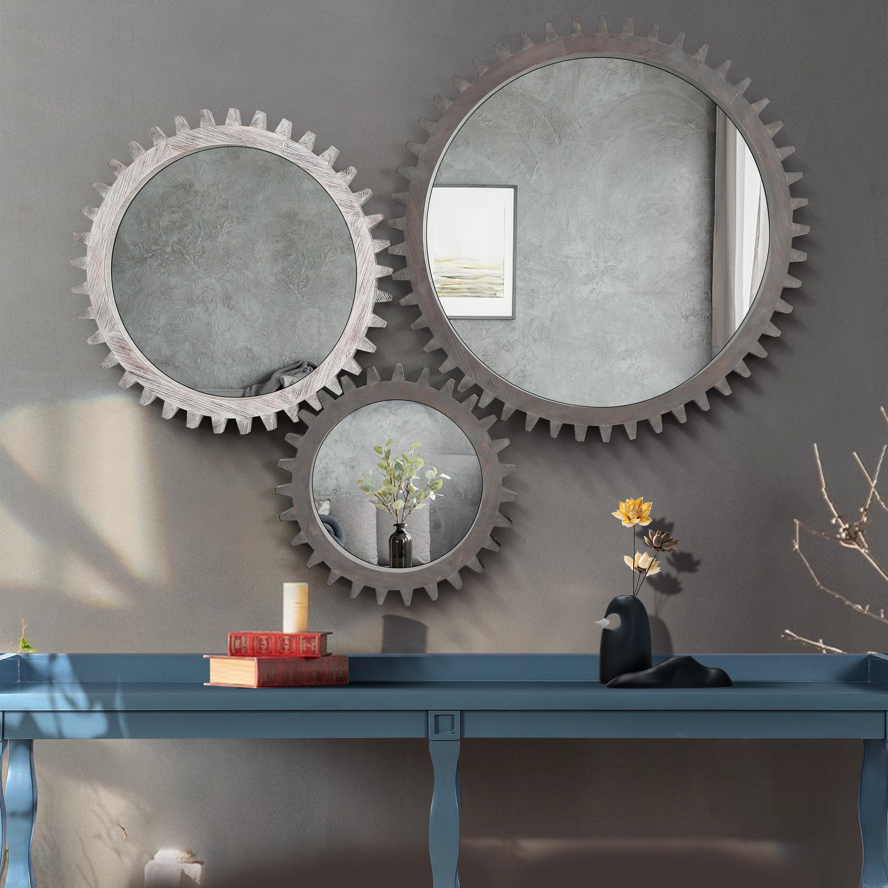 Vintage 26'' x 26'' Wall Wood Round Hanging Gear Shape Heavy Decorative Mirror For Bathroom Living Room Entryway Or Put Together To Your Liking(Antique Dark Brown)