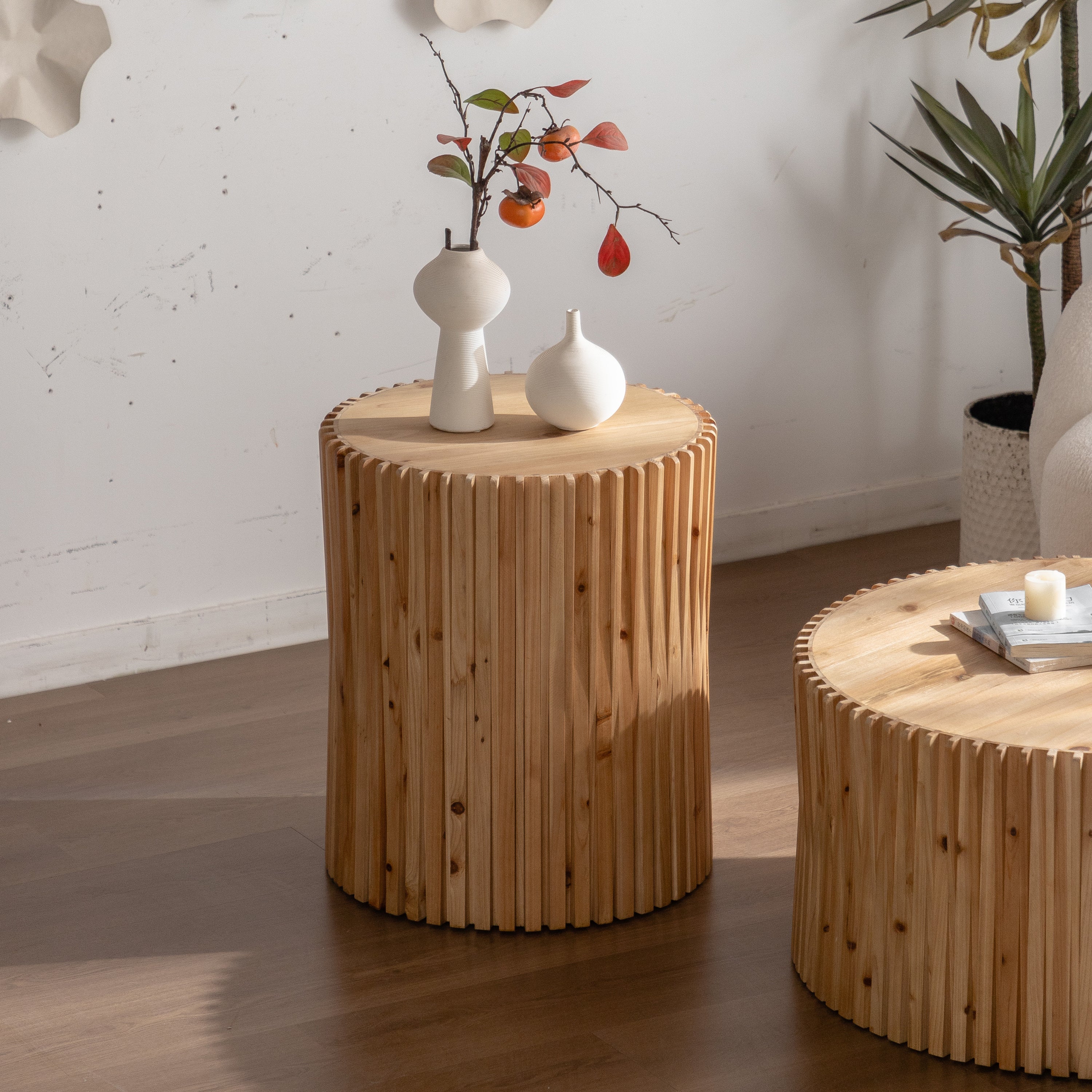 Retro Fashion Style Cylindrical Coffee Table with Vertical Texture Relief Design,Suitable for Living Room,Office,and Dining Room (Set of 2)