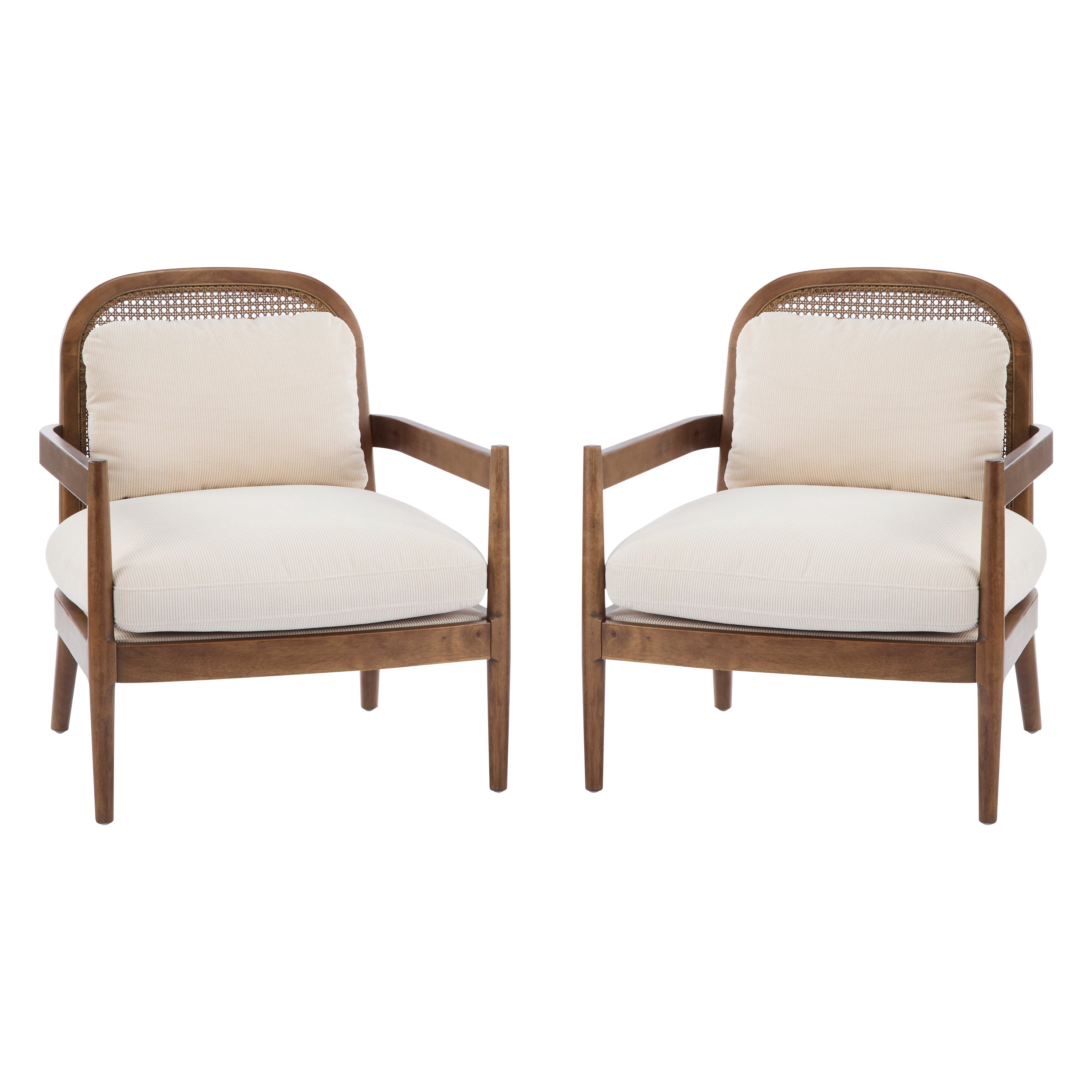 [Set of 2] 26.6' Mid-Century Modern Accent Chair with Light Brown Finish Solid Wood Frame and Rattan Backrest, Beige Cushion with Striped Fabric, Comfy Armchairs for Living Room, Bedroom, Reading Nook