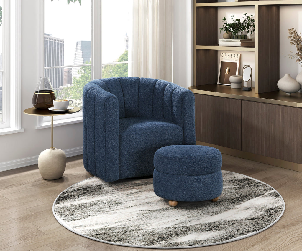 Modern Contemporary Swivel Chair with Ottoman Blue Boucle Fabric Upholstery Solid Wood Living Room Furniture