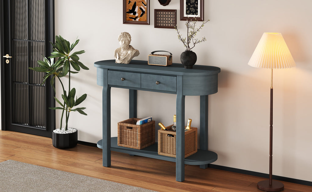 TREXM Elegant Retro Console Table with Curved Design and Smooth Glaze for Entryways, Living Rooms and hallways (Navy)