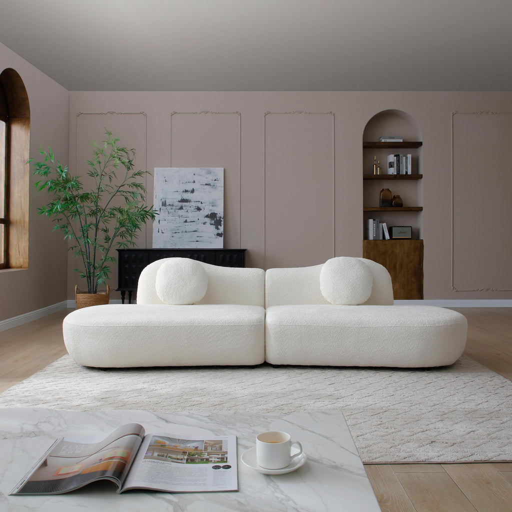 Modern Curved Modular Sofa, Suitable for Living Rooms and Bedrooms With Boucle 3-Seat Sofa, White Color, Curved Backrest, 2 Pillows, Easy to Assemble