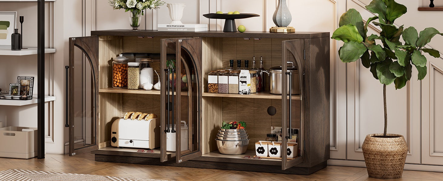 TREXM 4-Door Large Storage Sideboard Buffet Cabinet with Glass Doors, Arched Cabinet with Adjustable Shelves for Kitchen, Dining Room and Living Room (Espresso)