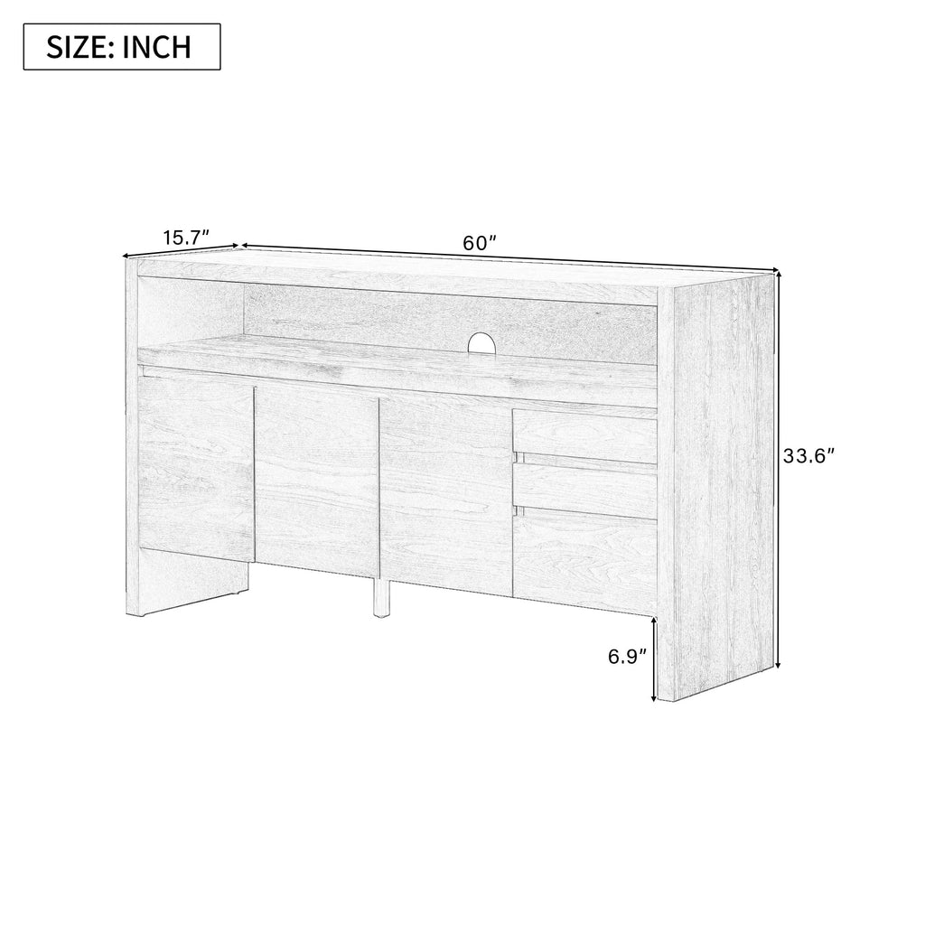 U_Style 60' 3-Door Sideboard with 3 Drawers - Modern Solid Ash Veneer MDF Sideboard, Semi-Open Shelf & Center Semi-Circular Cutout in Back Panel, Large Storage Cabinet for Living Room, Hallway, Dining