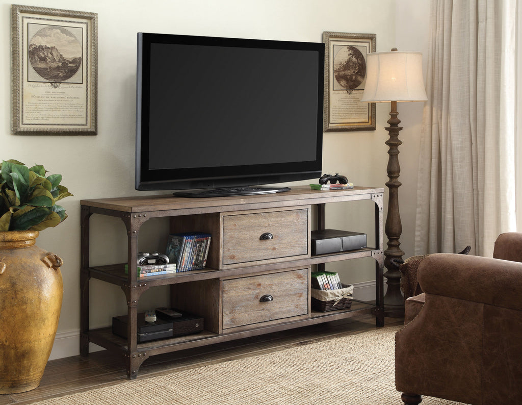 Gorden Weathered Oak Finish & Antique Silver Metal TV Stand