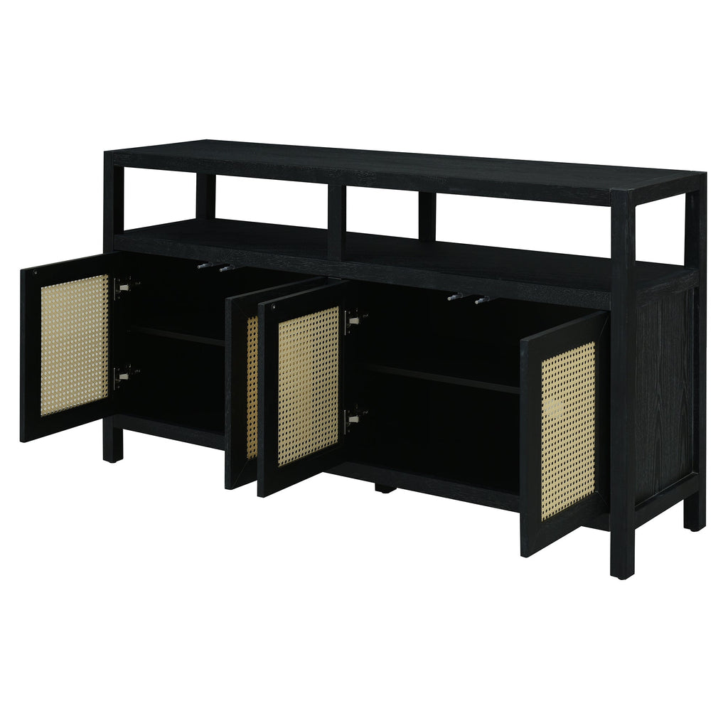 TREXM Bohemian Style Rattan Buffet Storage Cabinet with Solid Wood Frame, Sideboard with 3-position Adjustable Shelves for Living & Dining Rooms, No-Handle Push-to-Open Design (Black)