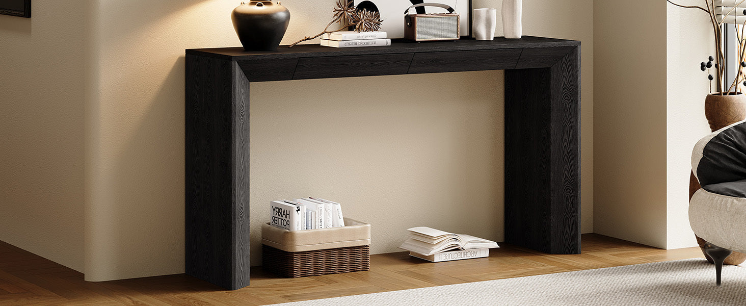 TREXM 60' Modern Farmhouse Console Table with 2 Concealed Drawers, Waterfall Design Entryway Table with Thickened Legs & Rustic Wood Grain for Living Room, Entryway & Hallway (Black)