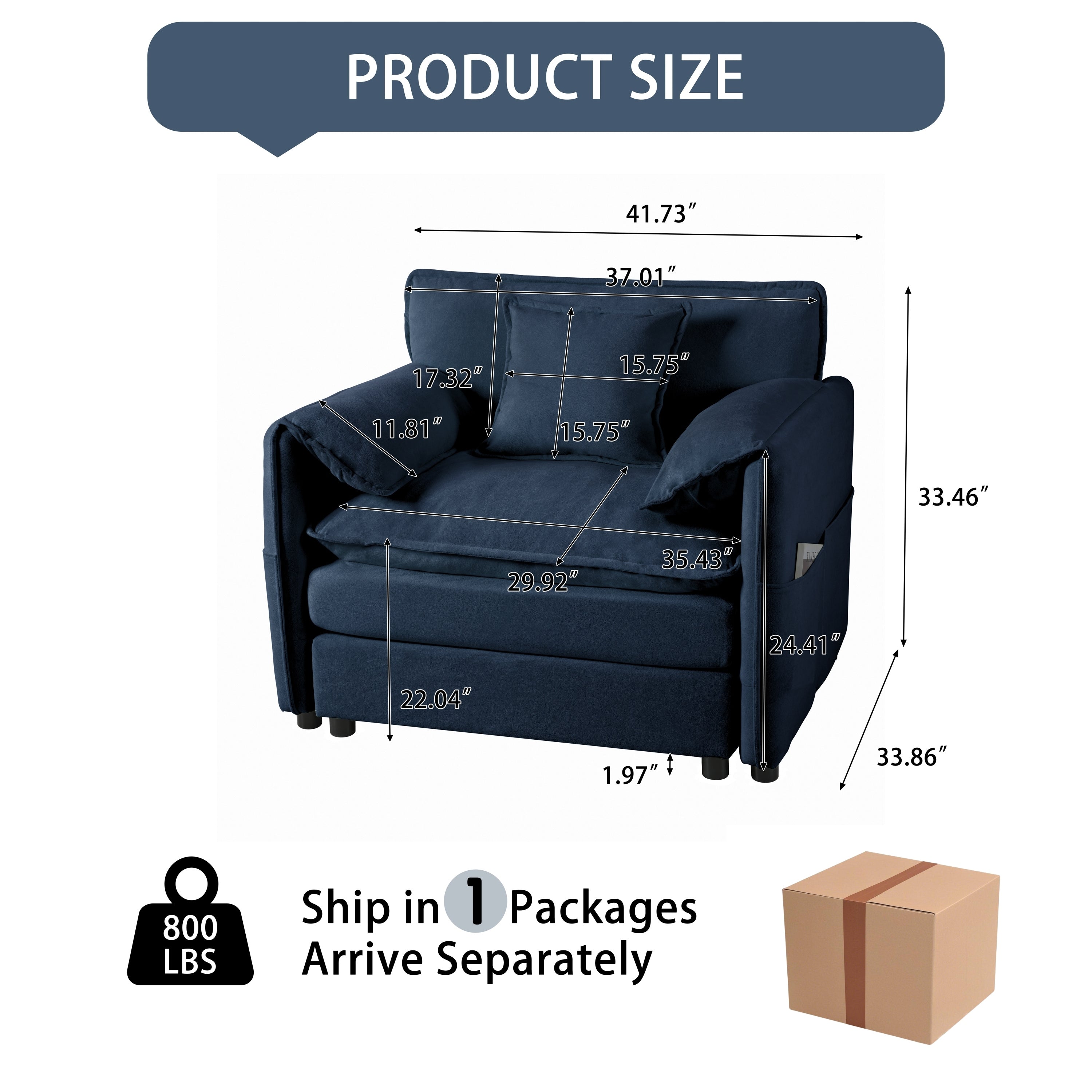 Oversized 41.73' Sofa Chair, Modern Upholstered Armchair with 1 Toss Pillow, Modular Sectional Sofa for Living Room, Deep Seat Reading Sofa for Bedroom Apartment, DIY Combination Chenille,Blue