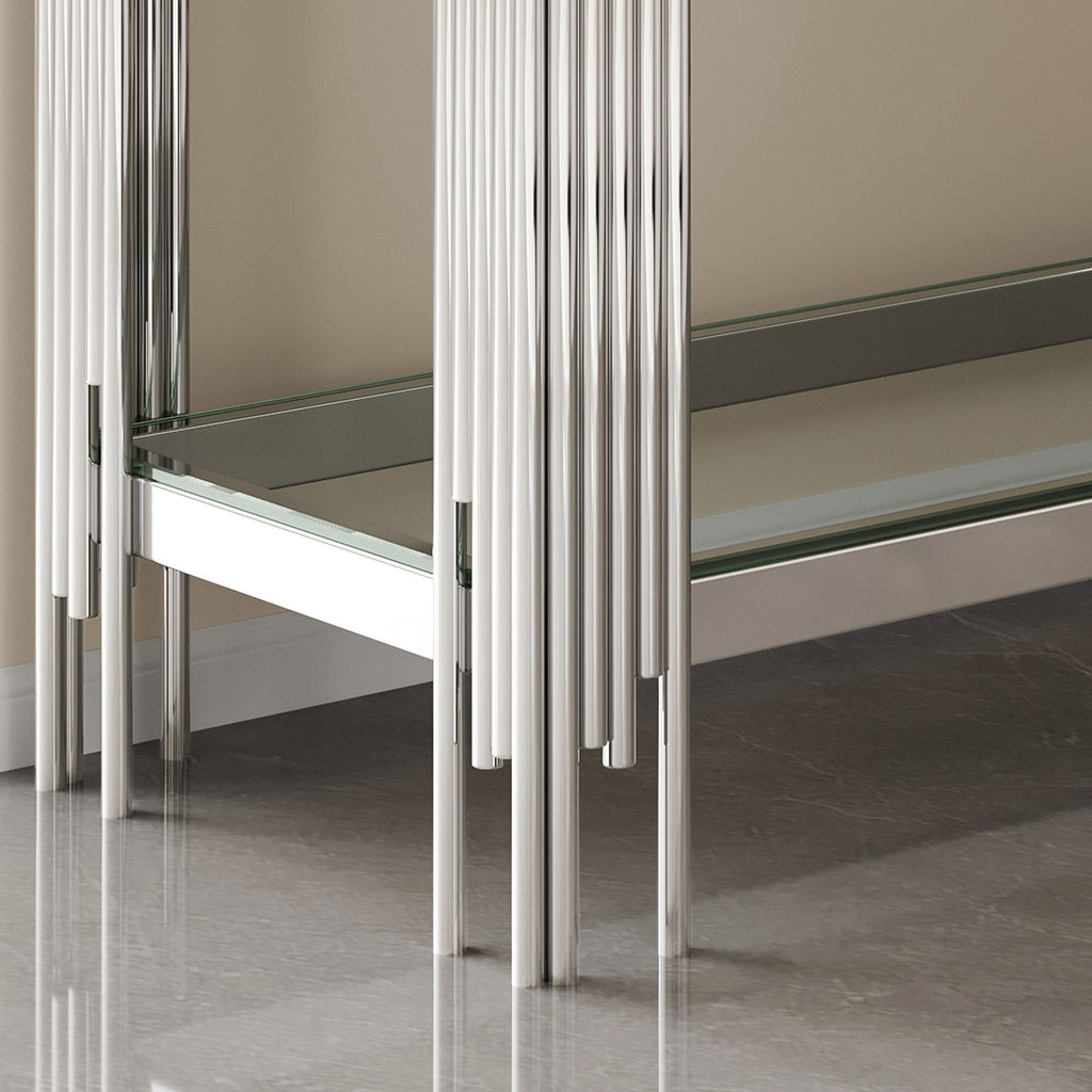 Top and Bottom Double Layer Tempered Glass Console Table and Mirror Finished Stainless Steel Frame