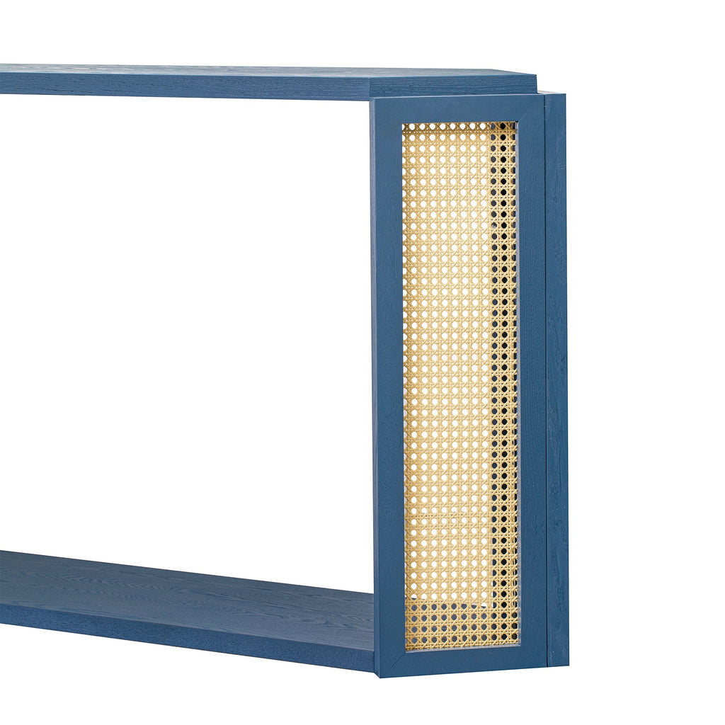 TREXM Narrow Console Table with Unique Irregular Top Design, Entryway Table with Open Shelf, Rattan Sofa Table for Living Room Hallway and Entrance (Antique Blue)