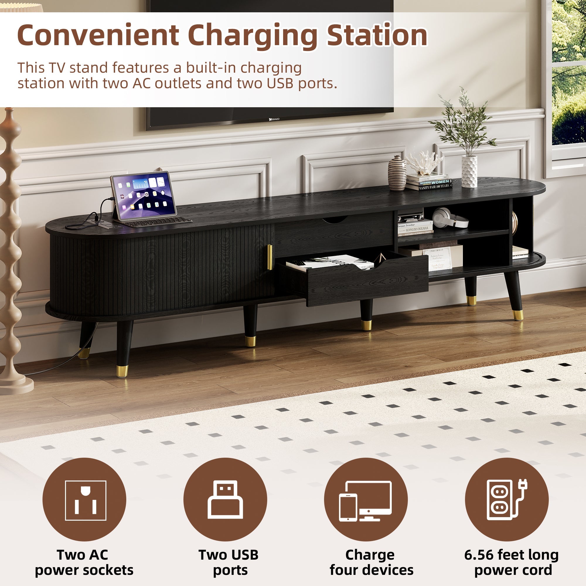 Wooden Oval Fluted TV Stand with Charging Station for TV up to 80', Mid-Century Media Console with Sliding Tambour Door, Farmhouse TV Cabinet with Golden Handle for Living Room, Black