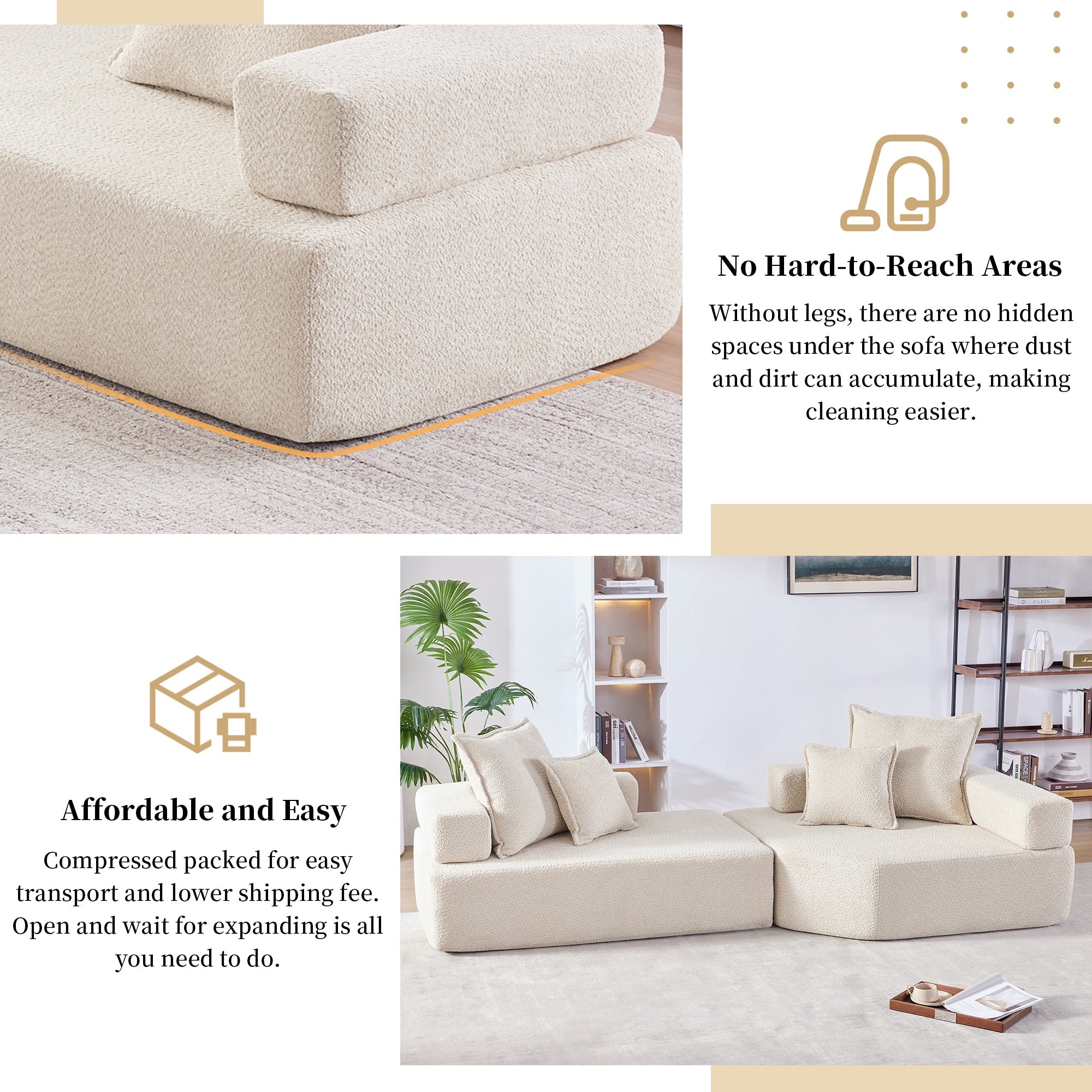Oversized Modular Sectional Sofa,Luxury Boucle Floor Couch Set,Convertible Compressed Couch,Spacious Foam-Filled Sofa for Living Room,2 PC Free Combination,2 Colors
