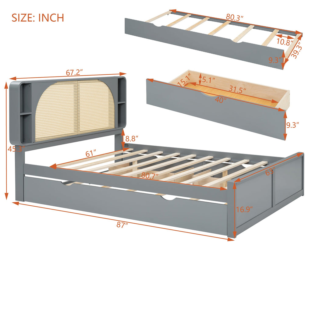 Queen Size Rattan Headboard Bed with Two Drawers and Trundle, Gray