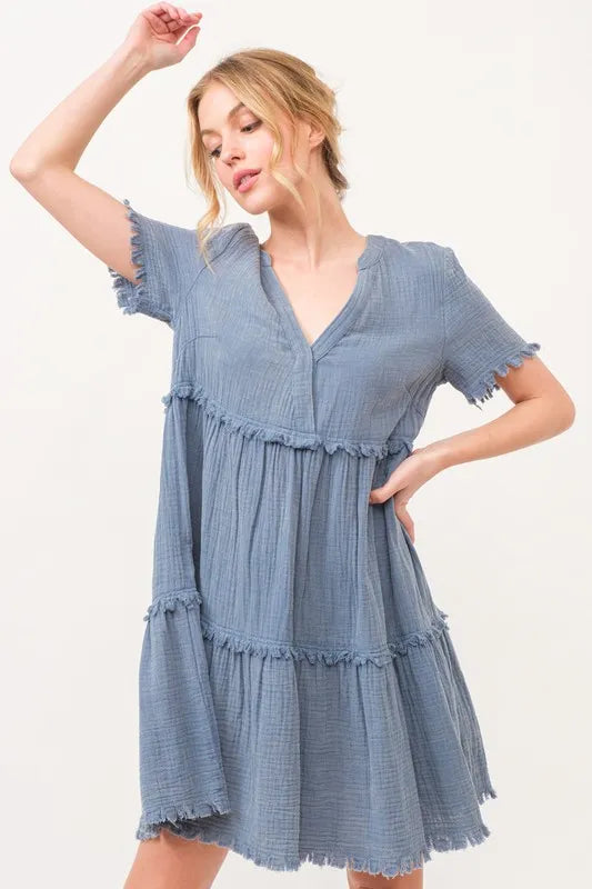 And The Why Washed Frayed Detail Tiered Dress