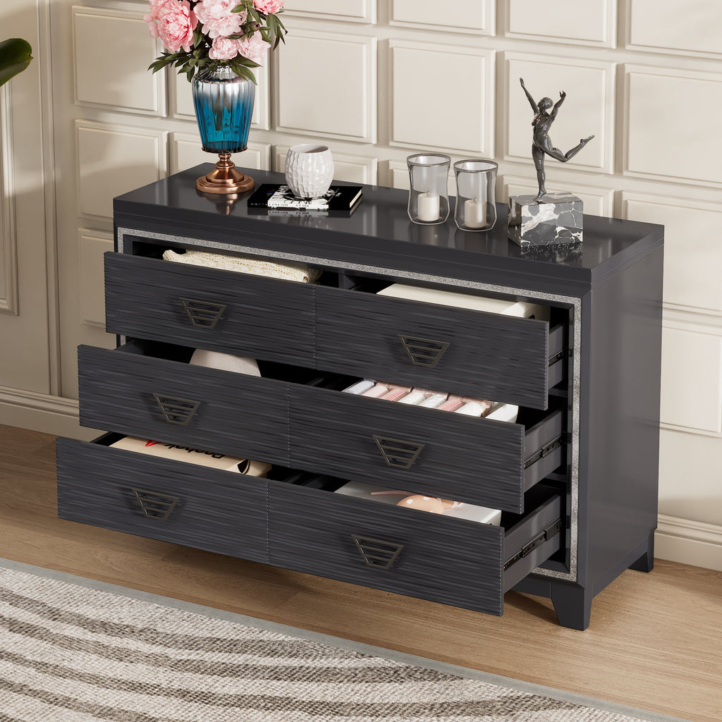 Elegant Dresser with Metal Handle and Sparkling Shiny Decoration, Storage Cabinet with 6 Drawers for Bedroom, Living Room, Black