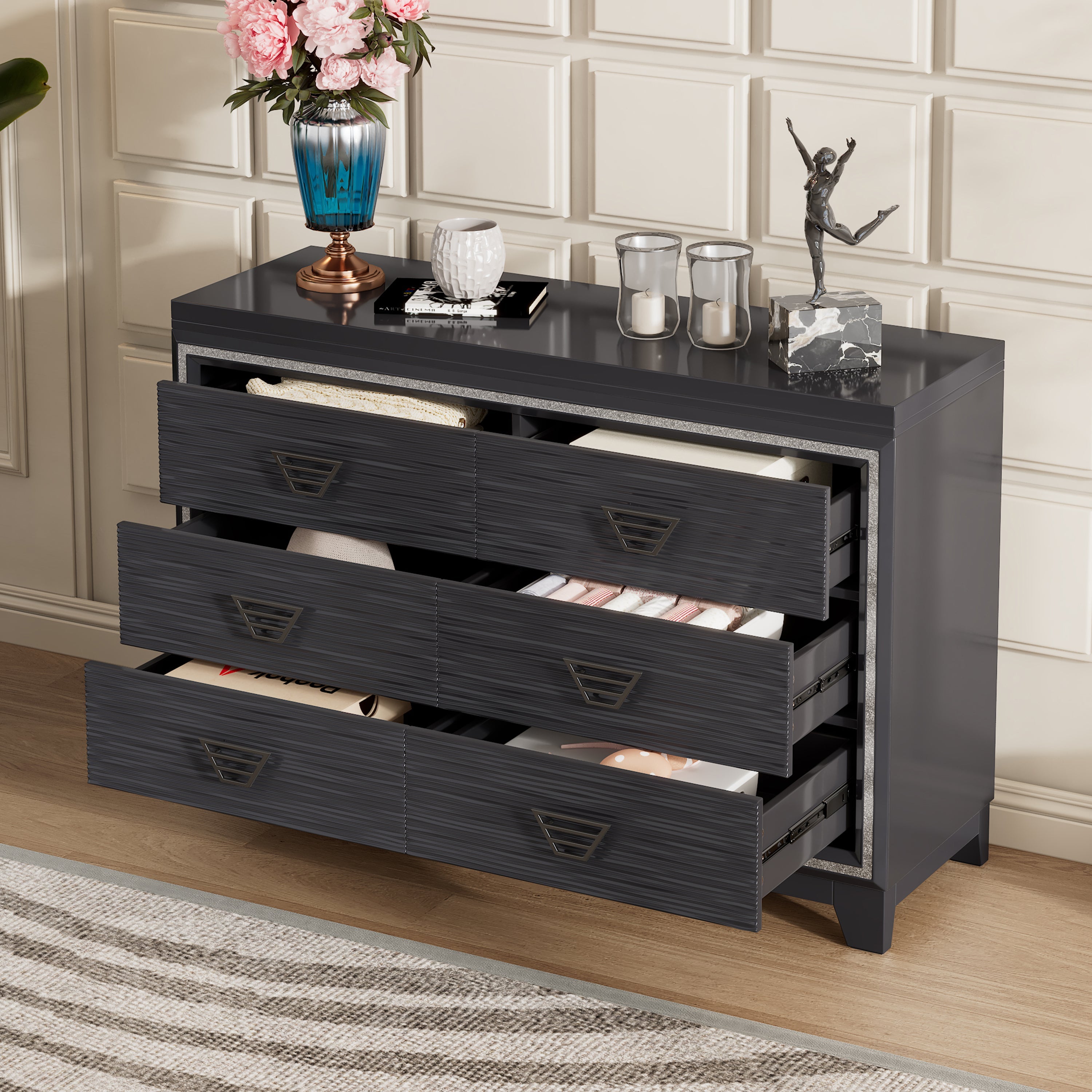 Elegant Dresser with Metal Handle and Sparkling Shiny Decoration, Storage Cabinet with 6 Drawers for Bedroom, Living Room, Black