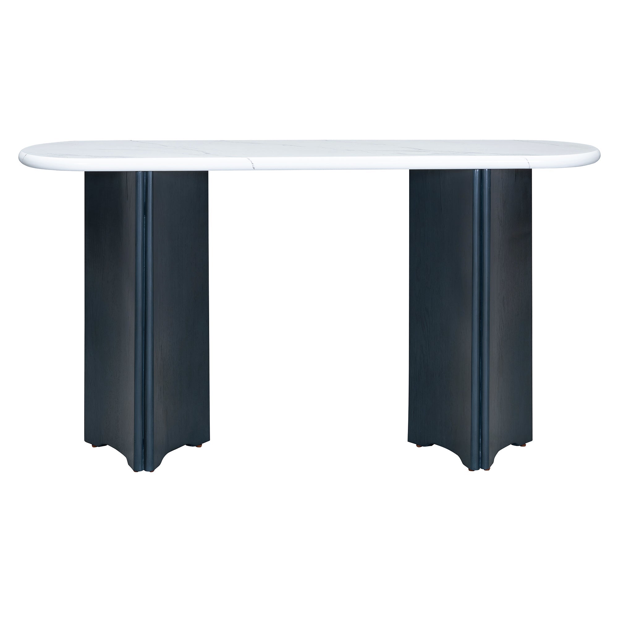 TREXM Narrow Console Table, Entryway Table with Oval Faux Marble Top, Rustic Sofa Table with Curved Legs, Hallway Accent Table for Entrance and Living Room (Navy+White)