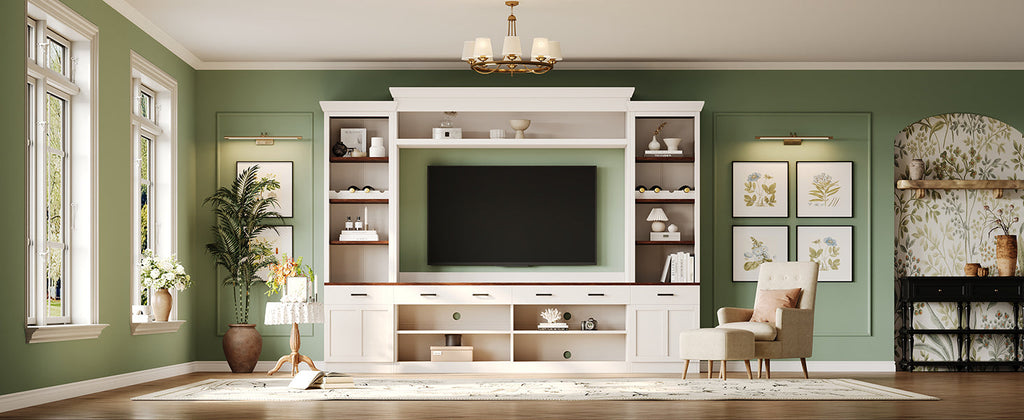 ON-TREND Farmhouse 4-Piece Entertainment Wall Unit Set with Bookshelf for TVs Up to 70', Walnut TV Stand with Adjustable Shelves, Mid-Century Large Media Console with Wine Rack for Living Room, White