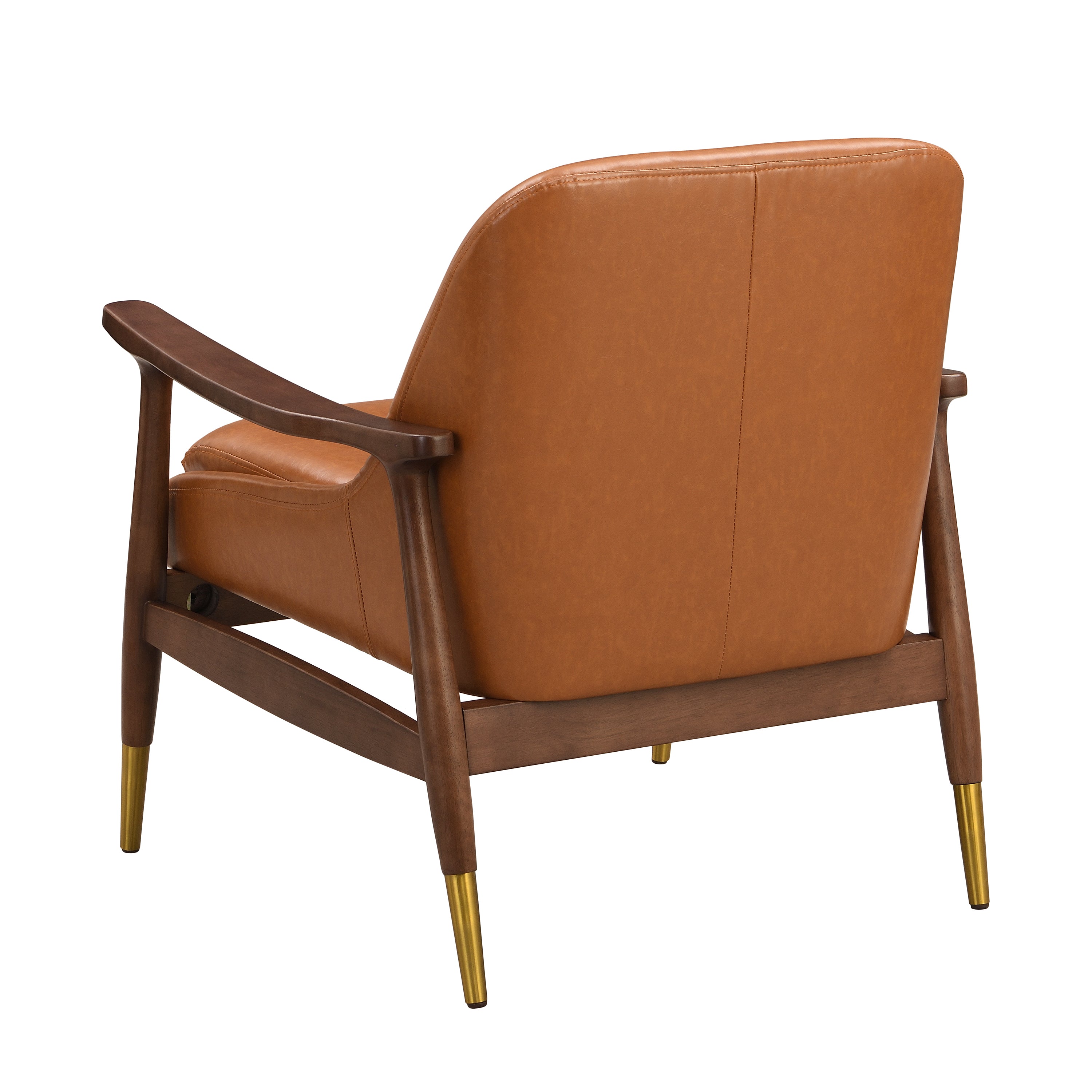 Mid-Century Faux Leather Accent Chair with Cushioned Seat, Solid Wood Frame, Brass-Tipped Legs, Brown