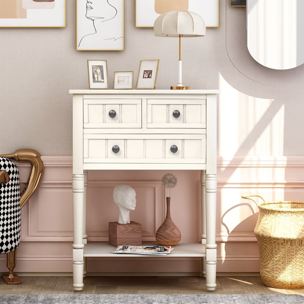 TREXM Narrow Console Table, Slim Sofa Table with Three Storage Drawers and Bottom Shelf (Ivory White)