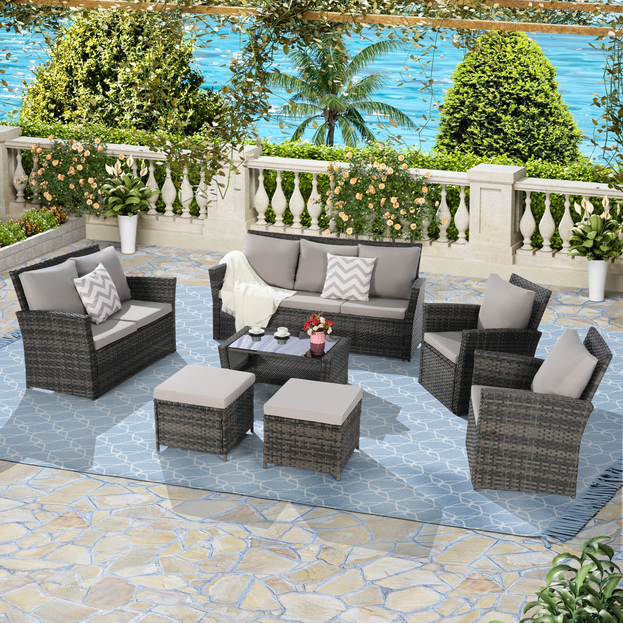 7 PCS PE/RATTAN OUTDOOR FURNITURE SET PATIO FURNITURE SET 9 SEATER
