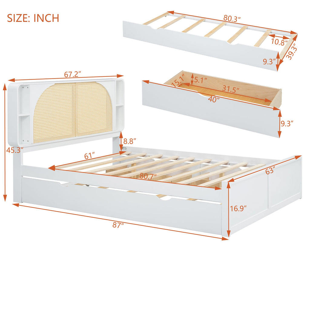 Queen Size Rattan Headboard Bed with Two Drawers and Trundle, White