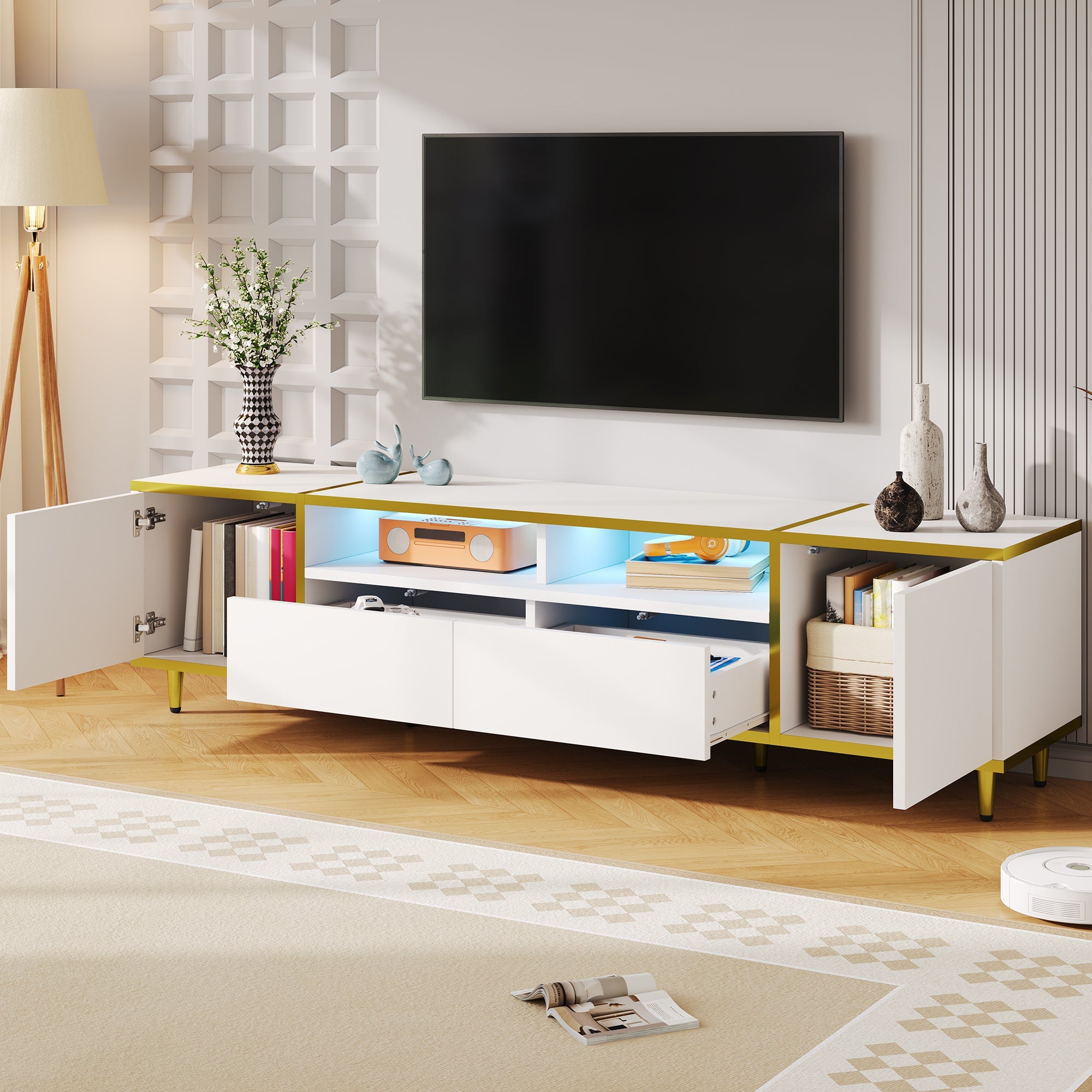 U-Can 70.9'' Modern TV Stand for TVs up to 80 Inches, Entertainment Center with 2 Shelves and  LED Lights, TV Storage Cabinet with 2 Drawers, 2 Cabinets and Metal Legs for Living room