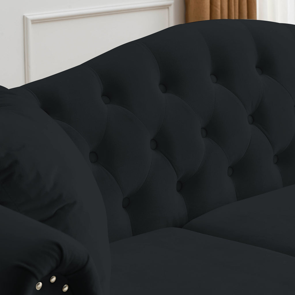 [Video] 79' Chesterfield Sofa Black Velvet for Living Room, 3 Seater Sofa Tufted Couch with Rolled Arms and Nailhead for Living Room, Bedroom, Office, Apartment, 3S+3S