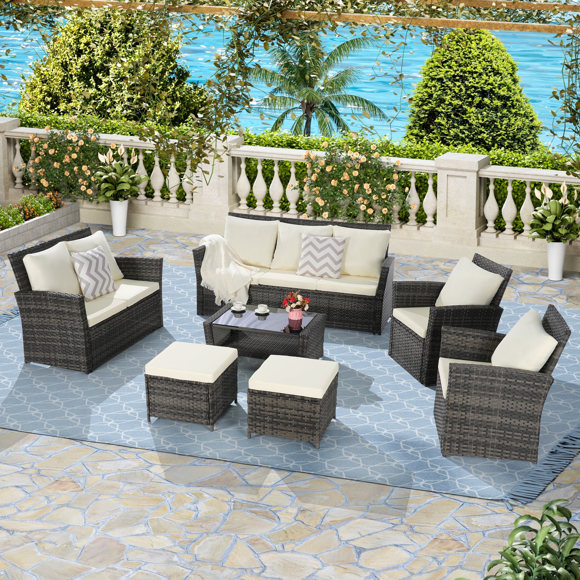 7 PCS PE/RATTAN OUTDOOR FURNITURE SET PATIO FURNITURE SET 9 SEATER