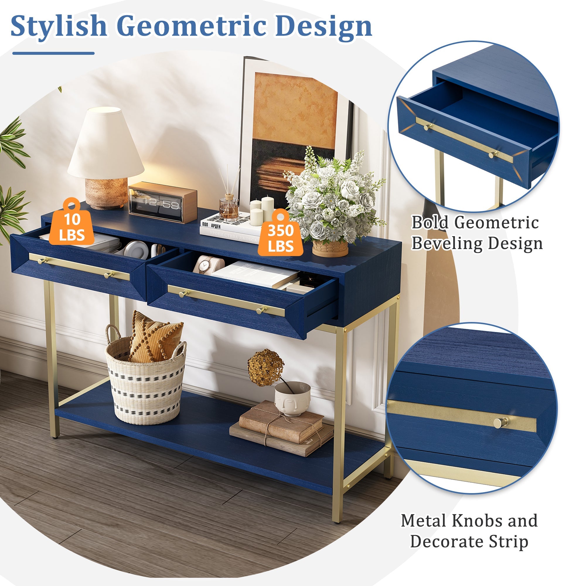 TREXM Entryway Table, Console Table with Two Drawers, Retro Hallway Table with Striking Geometric Design for Entryway and Living Room (Navy)
