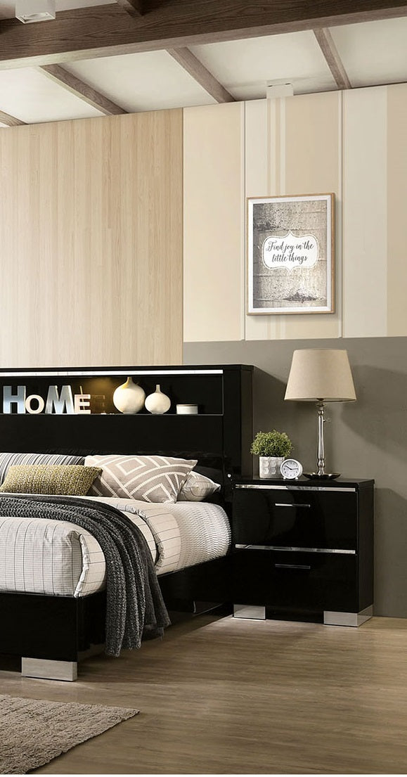 Contemporary 1pc Nightstand Black Color High Gloss Lacquer Coating Chrome Handles and Feet Bedside Table w USB Charger Bedroom Furniture