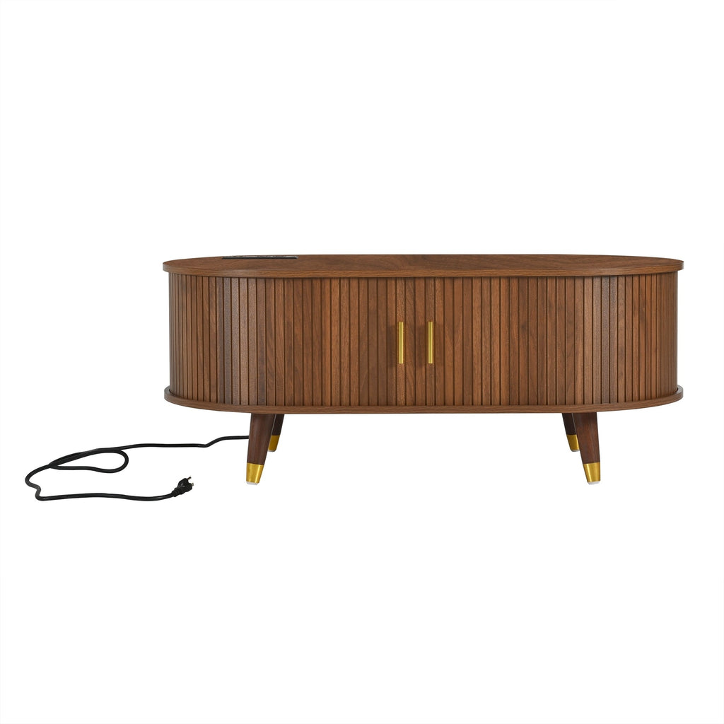 Wooden Farmhouse TV Stand & Coffee Table Set with Charging Station, Oval Fluted Media Console with Sliding Doors for TVs up to 80', Mid-Century Center Table with Solid Wood Legs for Living Room,Walnut