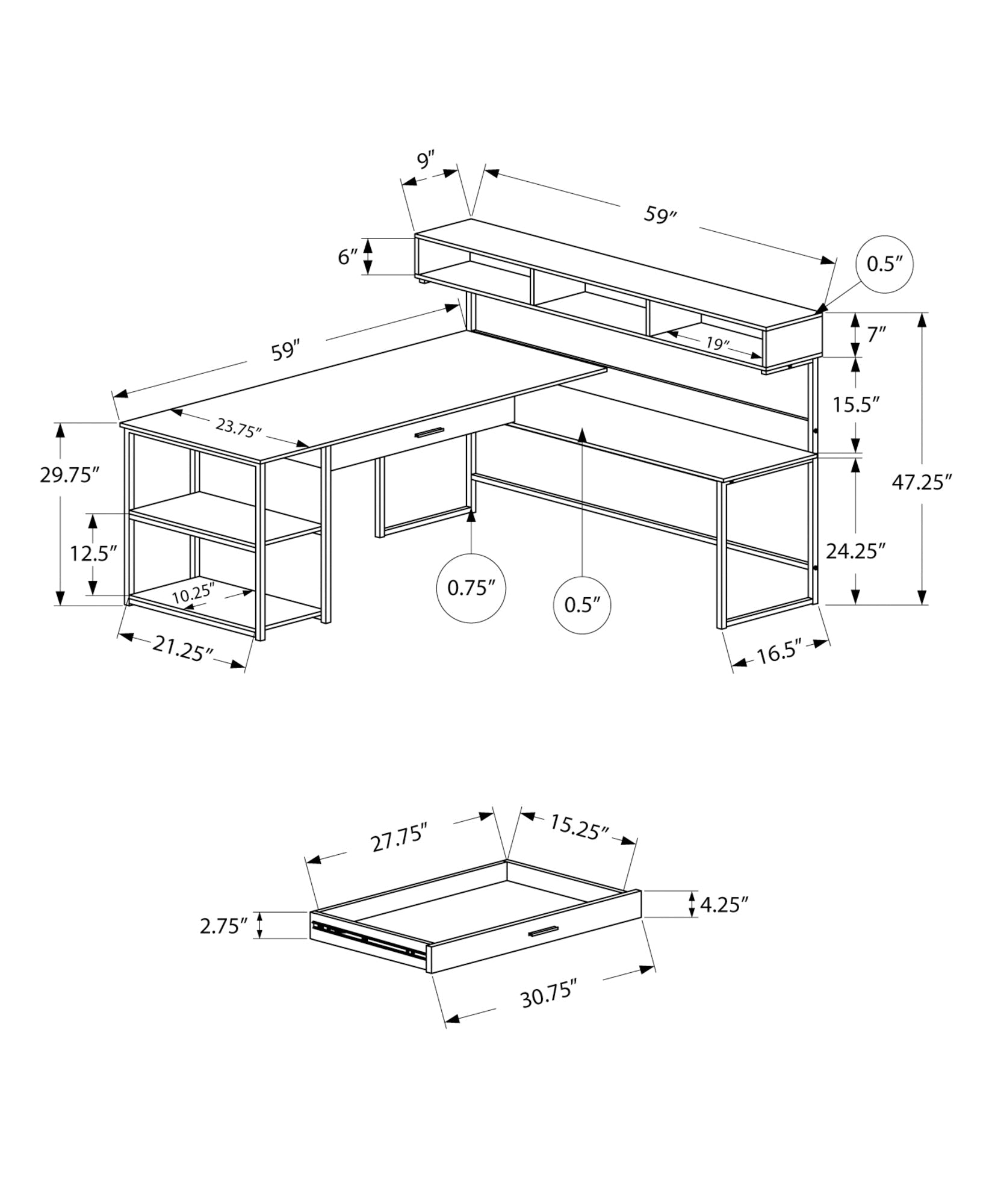 Computer Desk, Home Office, Corner, Storage Drawers, L Shape, Work, Laptop, Grey Laminate, Black Metal, Contemporary, Modern