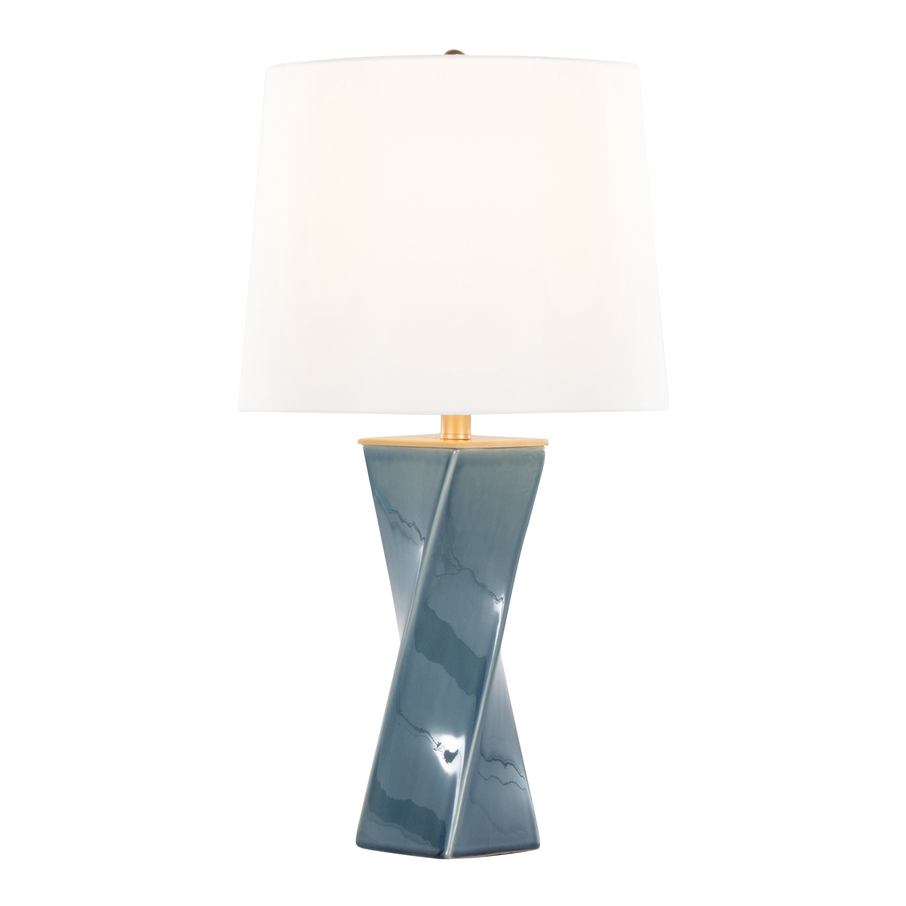 Curvo Square Contemporary 27' Ceramic Table Lamp in Blue Ceramic, Gold Metal, and White Linen by LumiSource