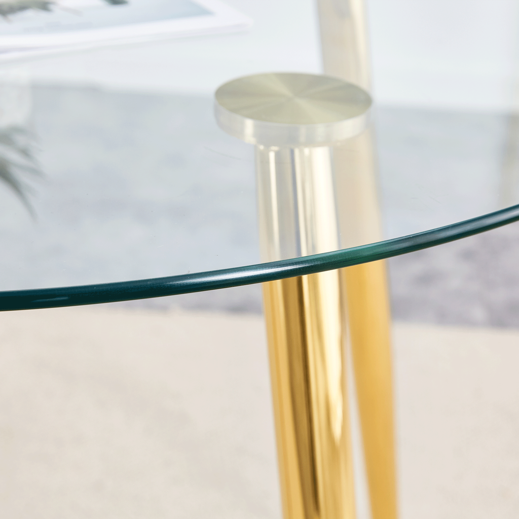 Round dining table with glass top, gilded metal legs, exquisite living, starting from the details, the gold legs show an extraordinary texture, which is the finishing touch to your home.36*36