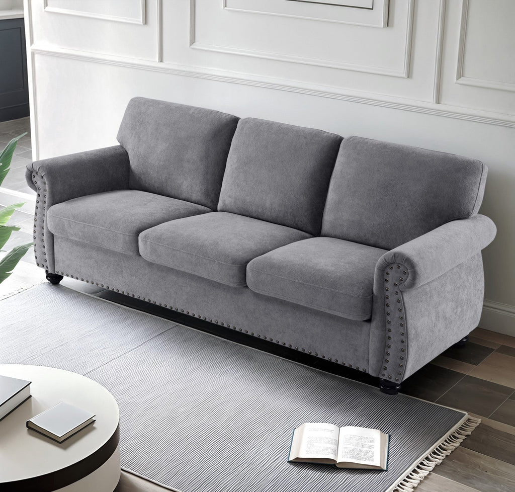 Soft Velvet Sofa, Upholstered 3 Seater Couch with High-Density Foam, Loose Back Cushions and Solid Wood Turned Legs, Chic Living Room Furniture for Home, Apartment and Office, Grey