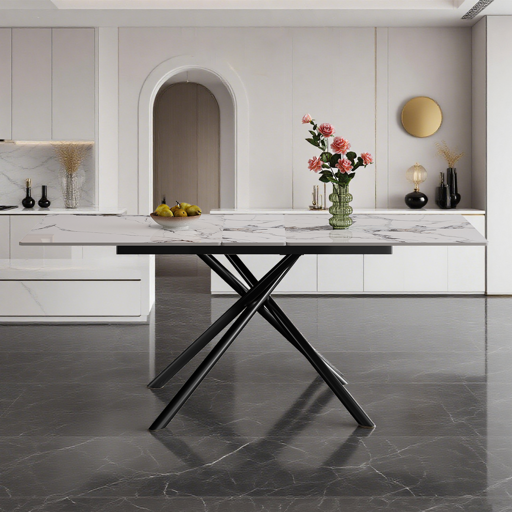 59-inch Modern rectangle Expandable Dining Table with Retractable Leaf, Sintered Stone Top & Black Carbon Steel X-Base, Sturdy 4-6 Person Table for Small Apartments, Kitchen, Dining Room