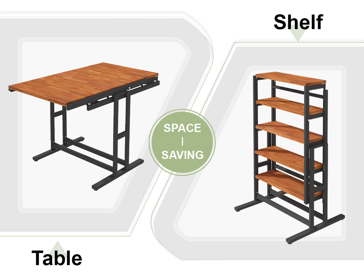 Extendable Dining Table Convertible 2 in 1 Shelf to Table with Metal Frame Industrial and Rustic Style for Small Spaces, Kitchen & Dining Room
