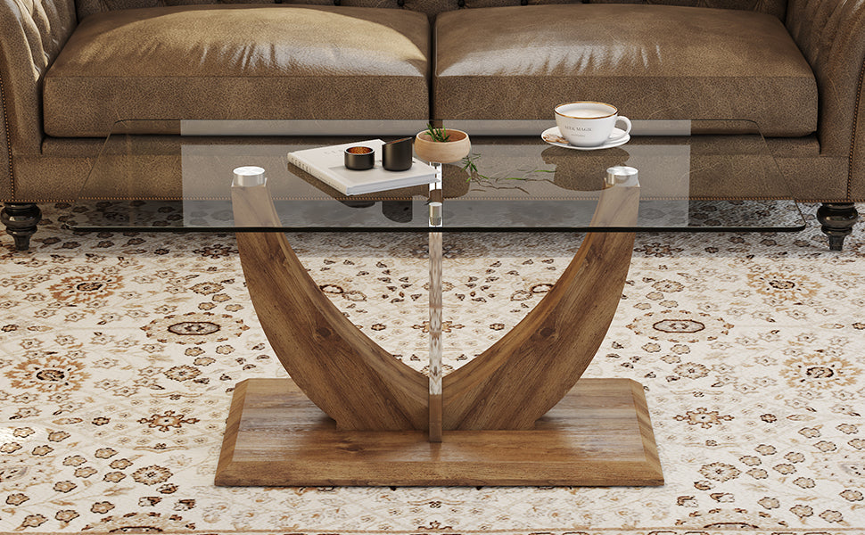 Modern minimalist transparent tempered glass coffee table with wooden MDF legs and stainless steel decorative columns. Computer desk. Game table. CT-907