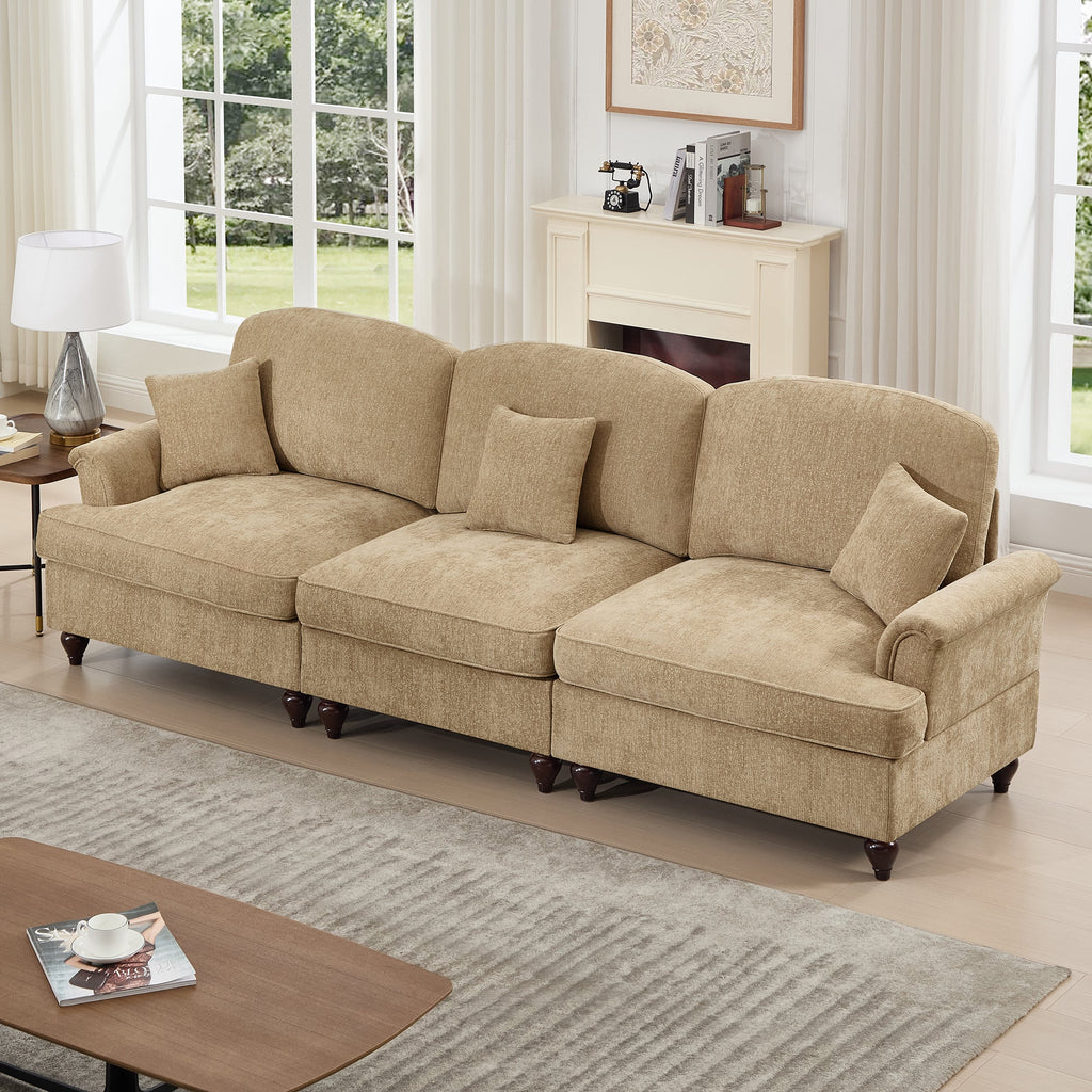 Elegant Mid Century Large 3 Seater Sofa Couch with Flared Arms and Removable Ruffles Pleats Skirts and Spindle Legs, Comfy Chenille Three-Seat Sofa for Living Room, Light Coffee
