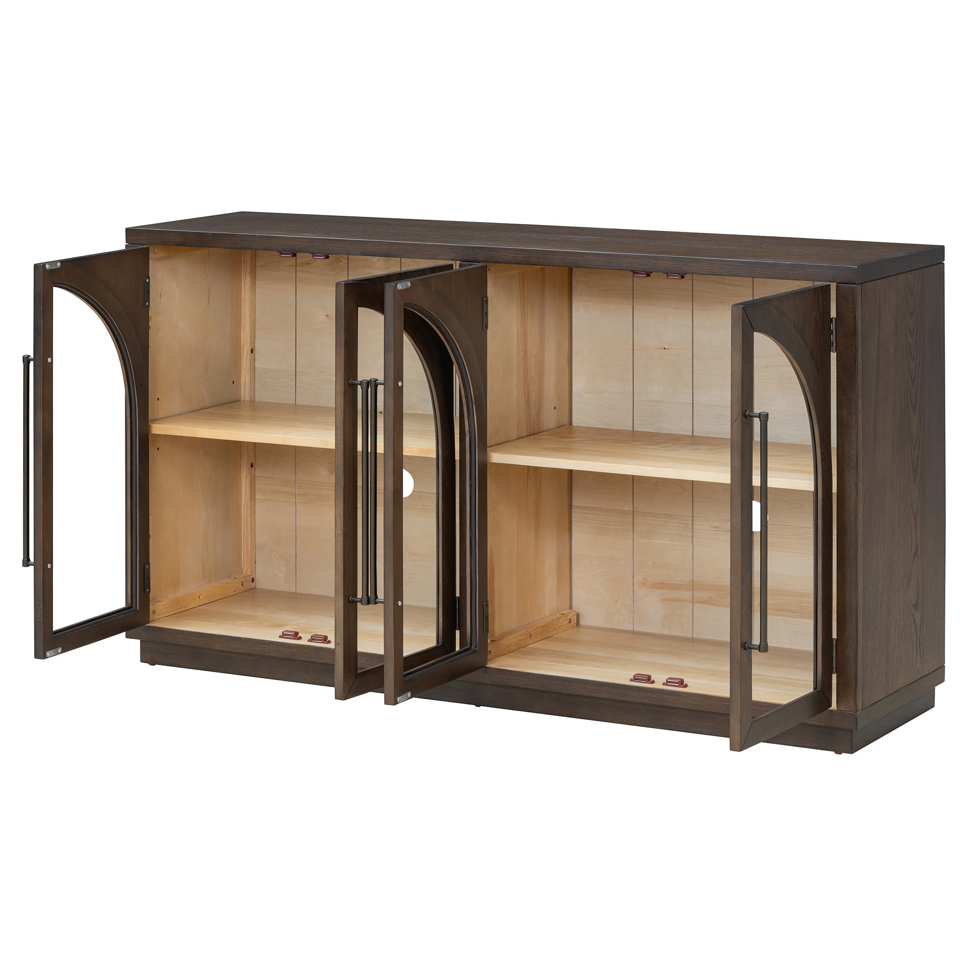 TREXM 4-Door Large Storage Sideboard Buffet Cabinet with Glass Doors, Arched Cabinet with Adjustable Shelves for Kitchen, Dining Room and Living Room (Espresso)