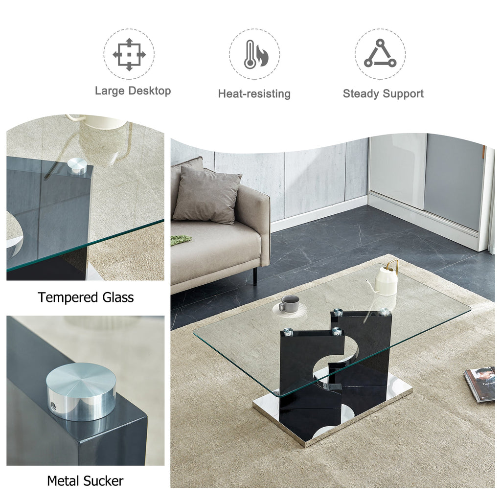 A rectangular modern and fashionable coffee table with tempered glass tabletop and black MDF legs. Suitable for living room.47.2"*25.5"*18"