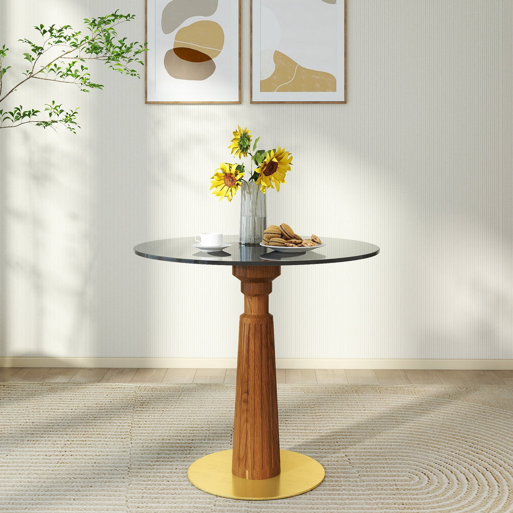 Modern Round Dining Table, 33.5' Tempered Glass Table with Wooden Leg & Gold Base, 2 - Person Kitchen Table for Small Space, 150lbs Weight Capacity(Only the Negotiation Table)