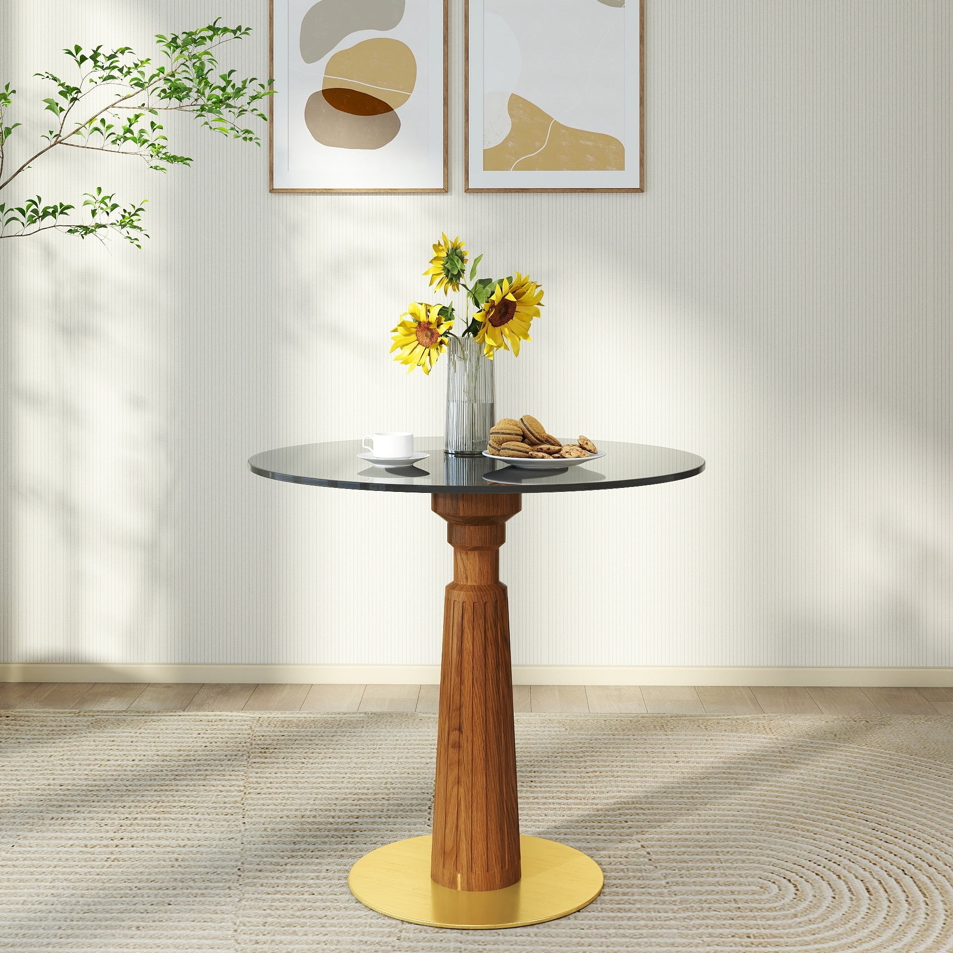 Modern Round Dining Table, 33.5' Tempered Glass Table with Wooden Leg & Gold Base, 2 - Person Kitchen Table for Small Space, 150lbs Weight Capacity(Only the Negotiation Table)