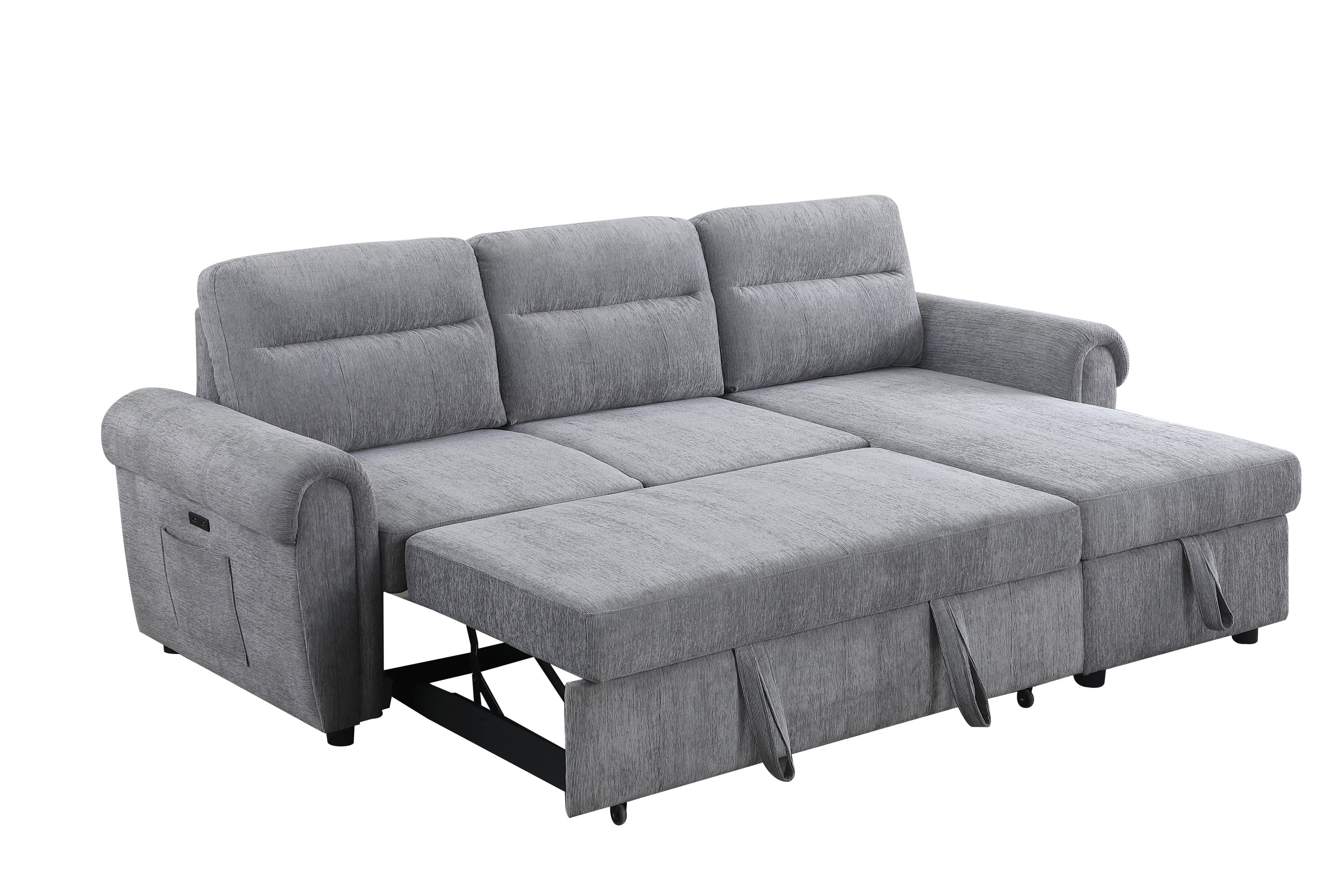 Hugo 97'W Light Gray Chenille Reversible Sleeper Sectional Sofa Chaise with USB Chargers, Phone/Magazine Pockets