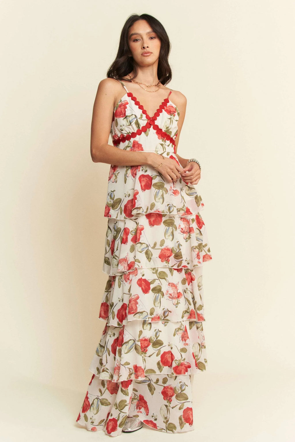 Davi & Dani Contrast Ring Lace Layered Ruffle Maxi Cami Dress