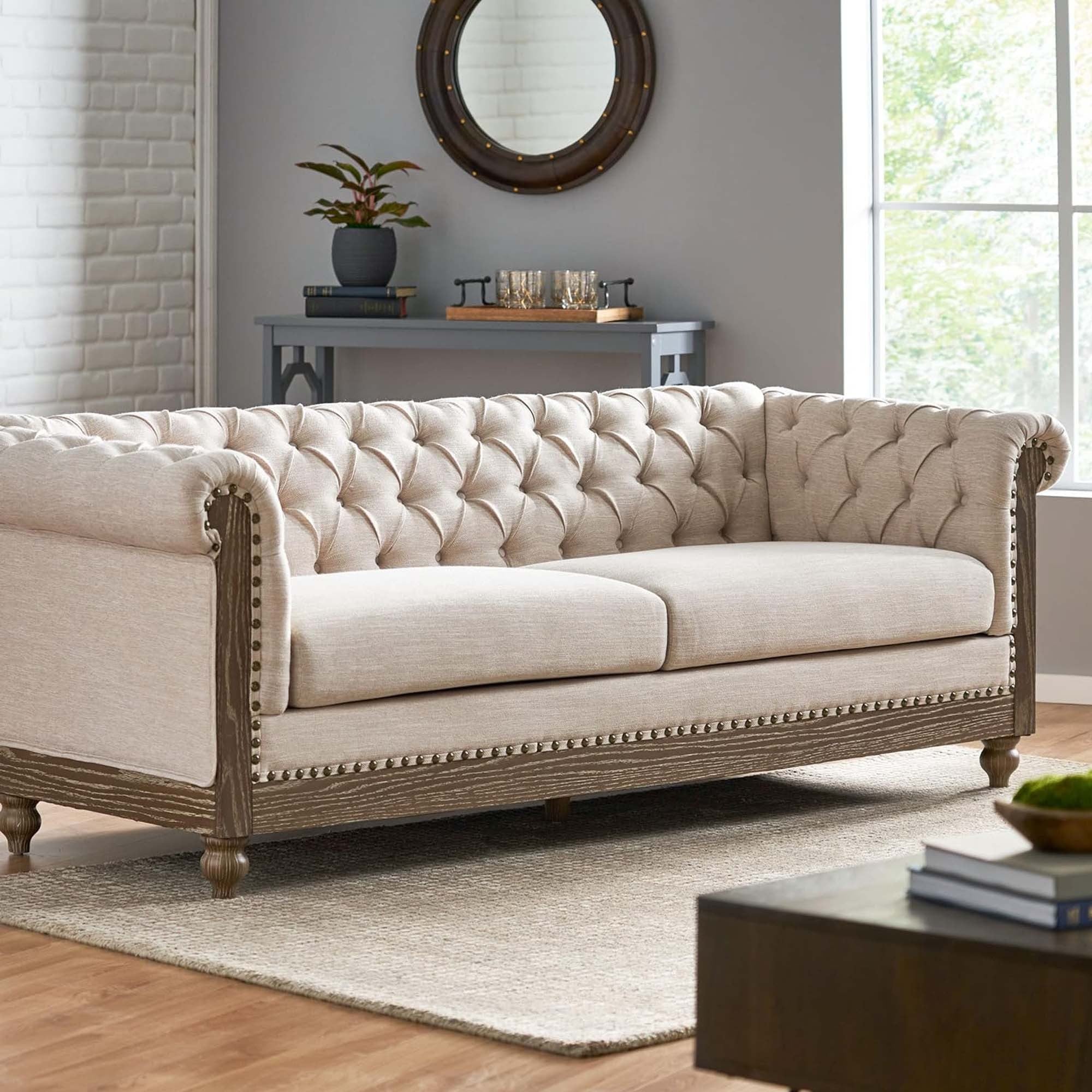 Mirod Retro Style Comfy 3-Seat Sofa with Wooden Legs, Beige Polyester, 78.75'' Wide