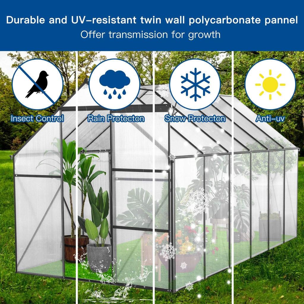 Greenhouse with features highlighted for insect control, rain protection, snow protection, and anti-UV light.
